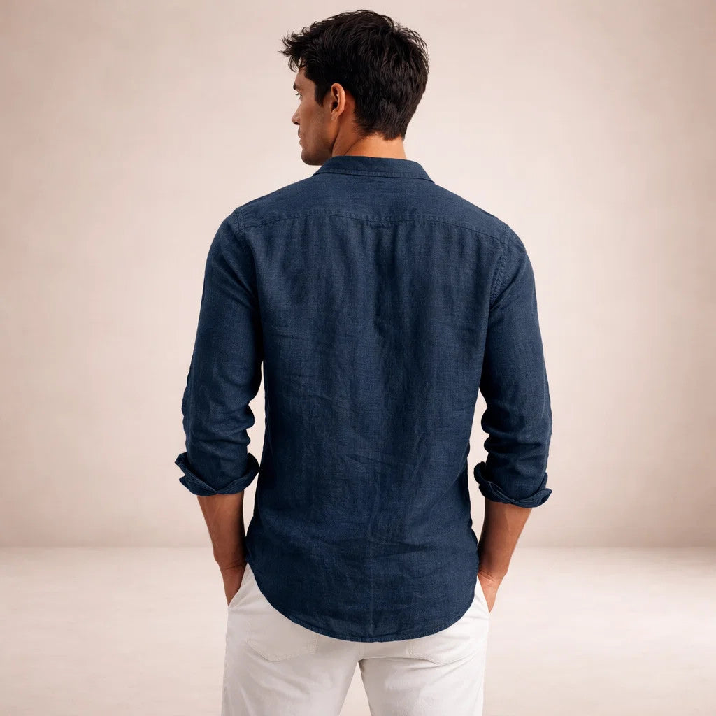 Chemise en lin manches longues col ouvert pour homme