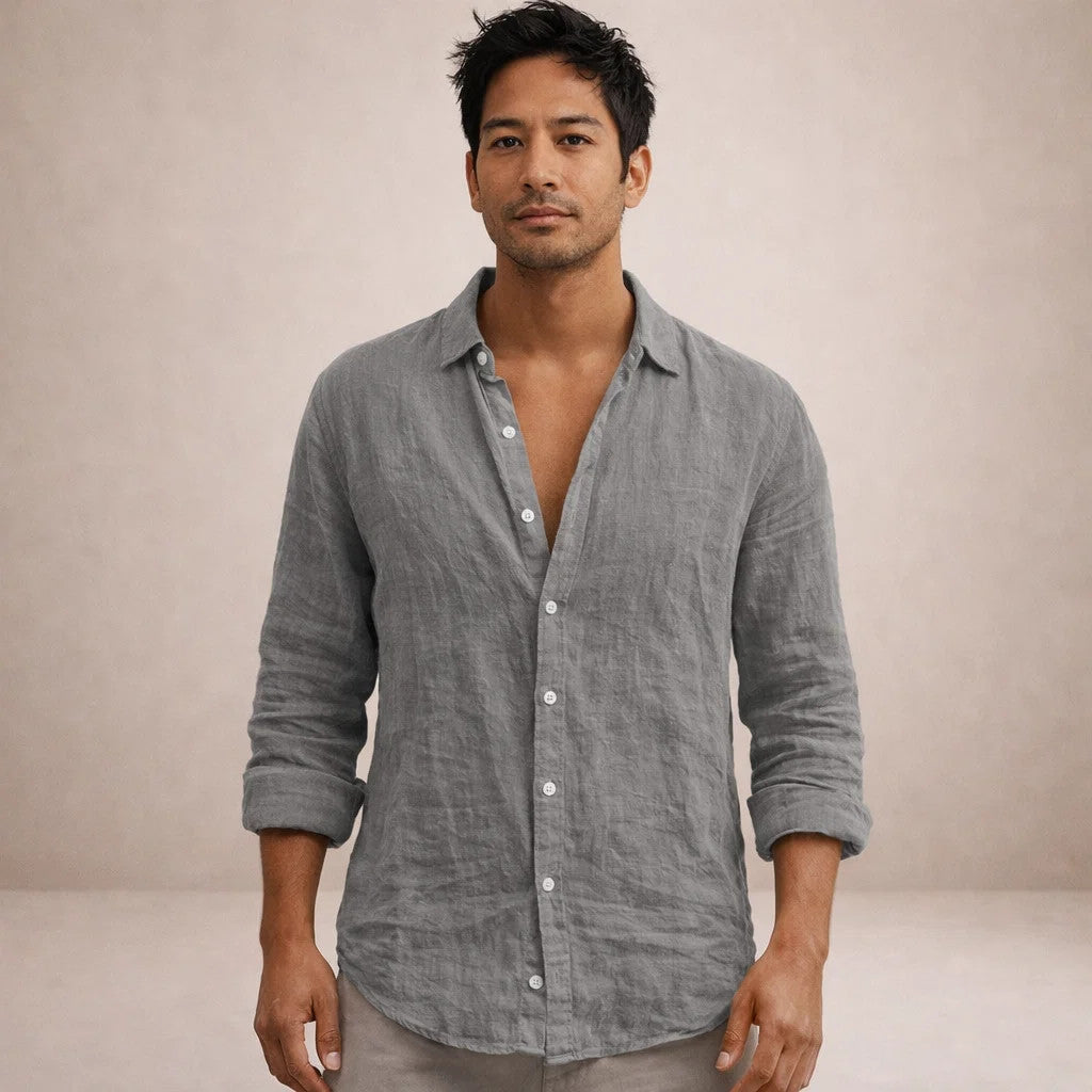 Chemise en lin manches longues col ouvert pour homme