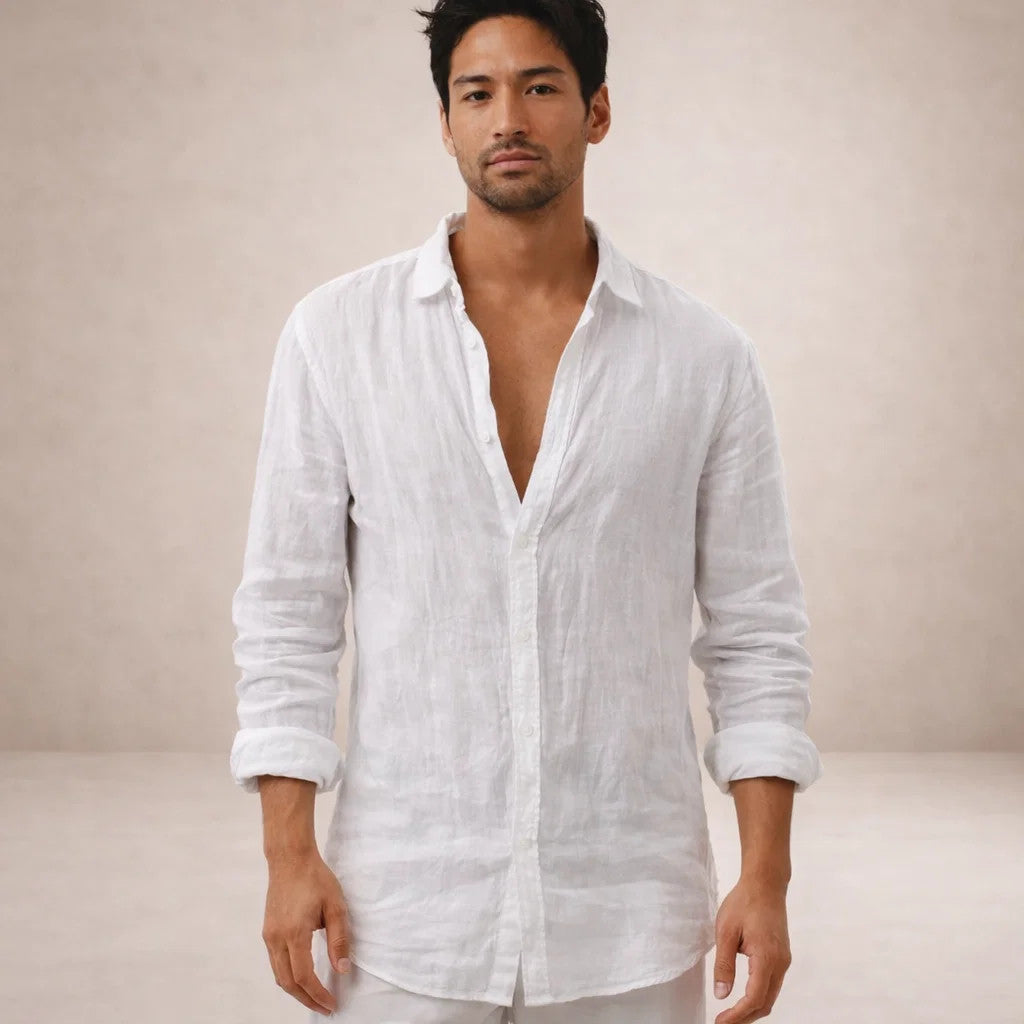Chemise en lin manches longues col ouvert pour homme