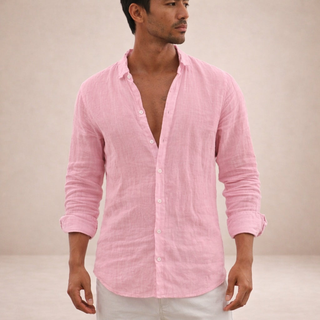 Chemise en lin manches longues col ouvert pour homme
