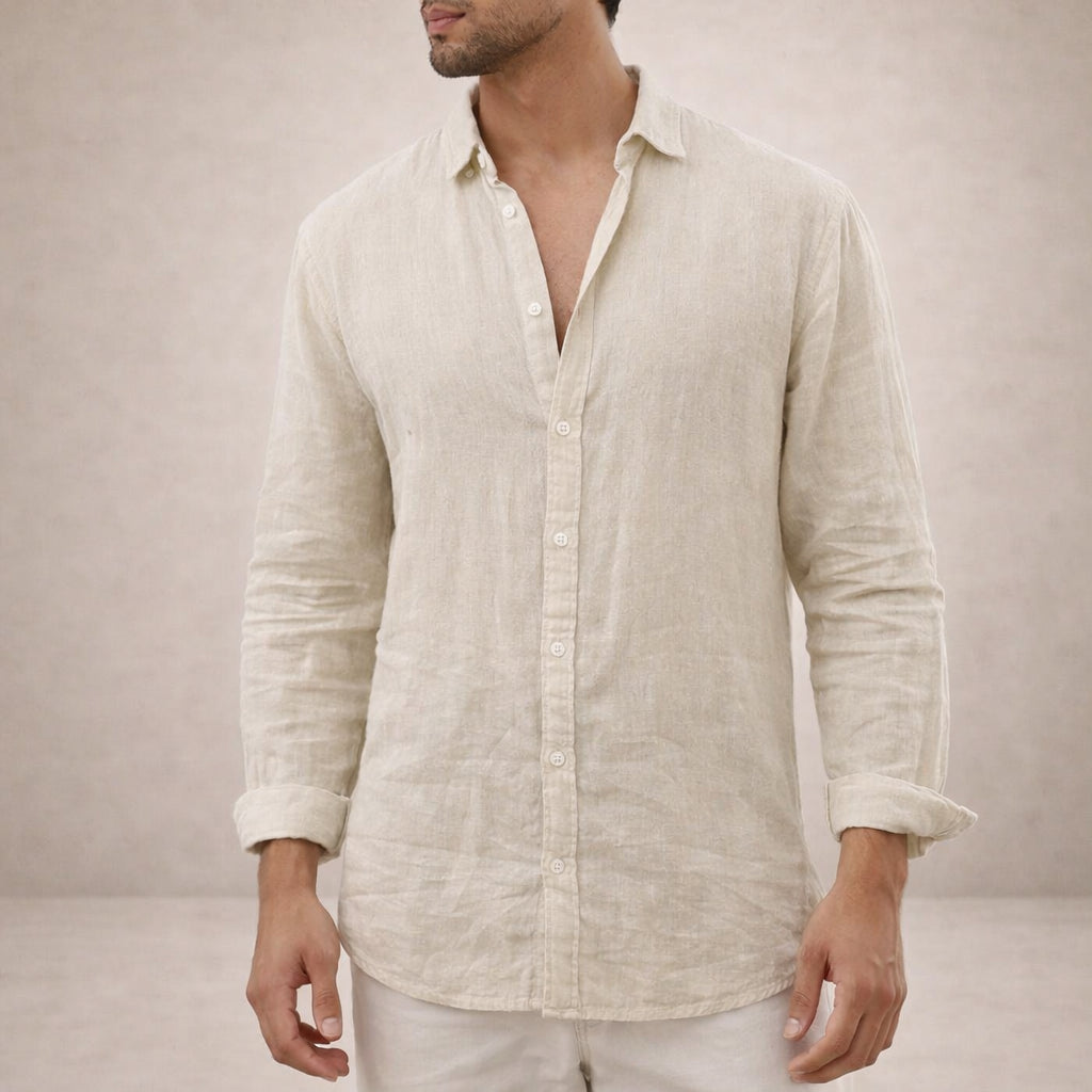 Chemise en lin manches longues col ouvert pour homme
