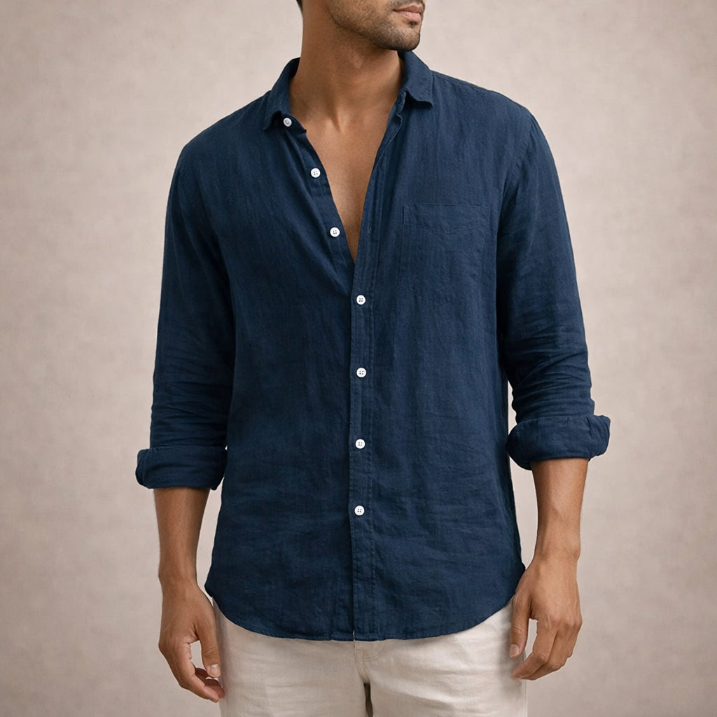 Chemise en lin manches longues col ouvert pour homme