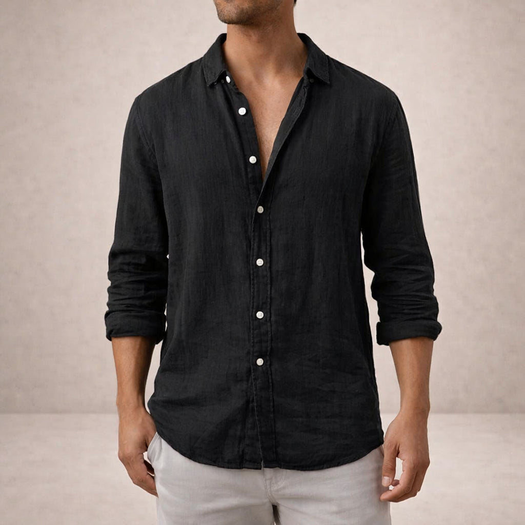 Chemise en lin manches longues col ouvert pour homme