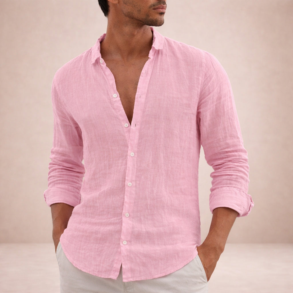 Chemise en lin manches longues col ouvert pour homme