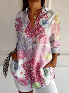 Chemise fluide à imprimé corail marin manches 3/4 pour femme