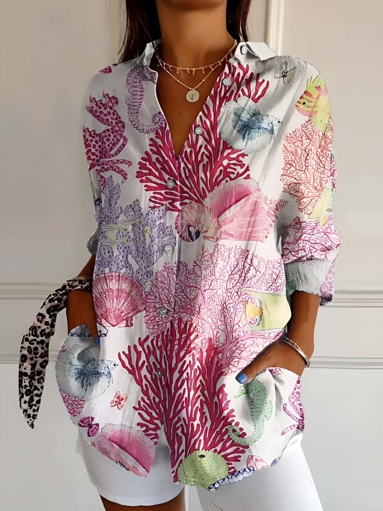 Chemise fluide à imprimé corail marin manches 3/4 pour femme