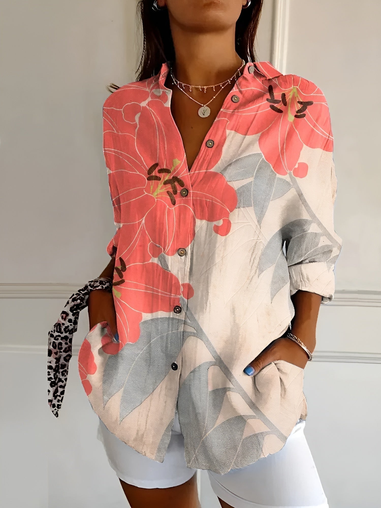 Chemise fluide à imprimé corail marin manches 3/4 pour femme