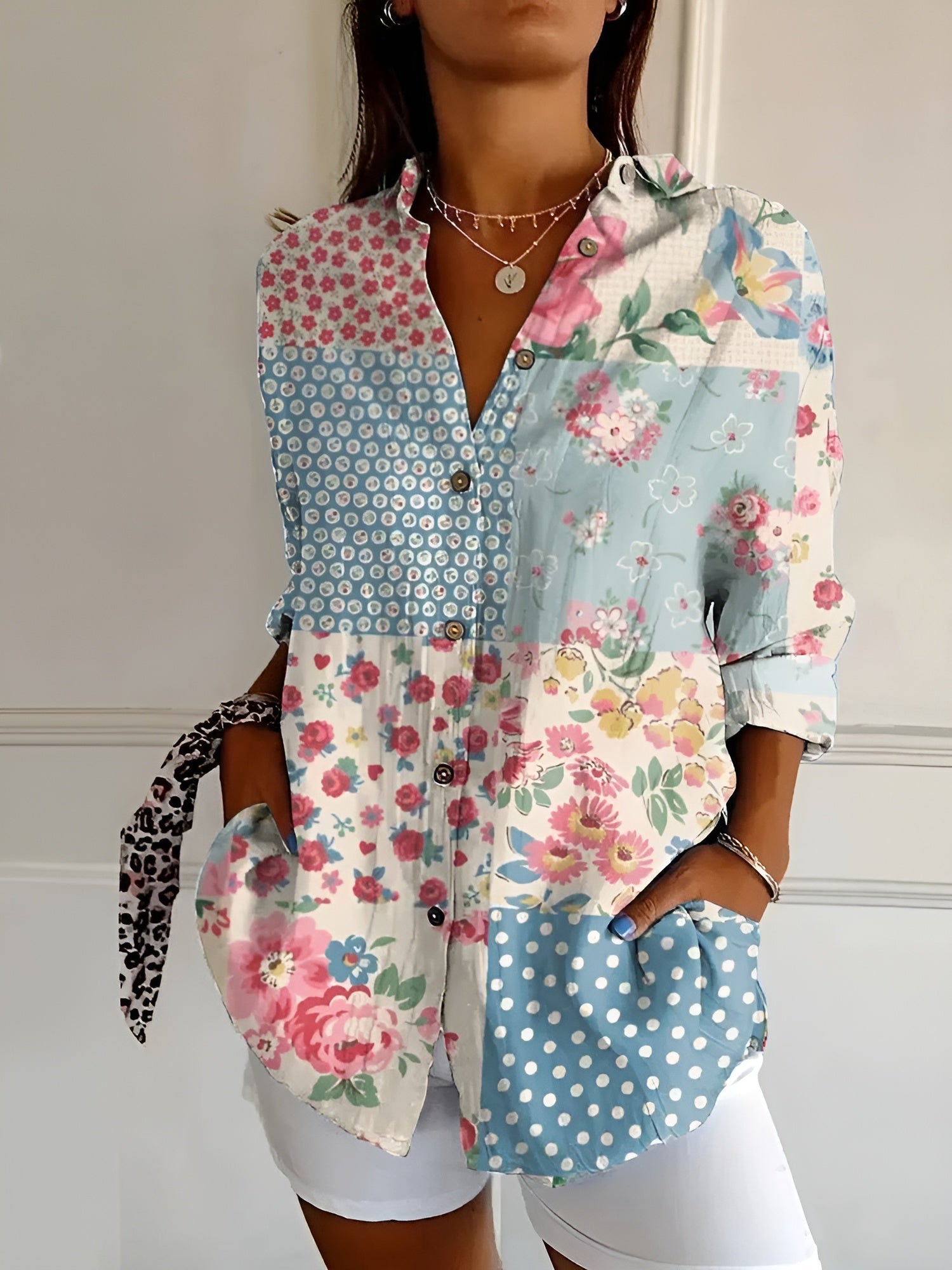 Chemise fluide à imprimé corail marin manches 3/4 pour femme