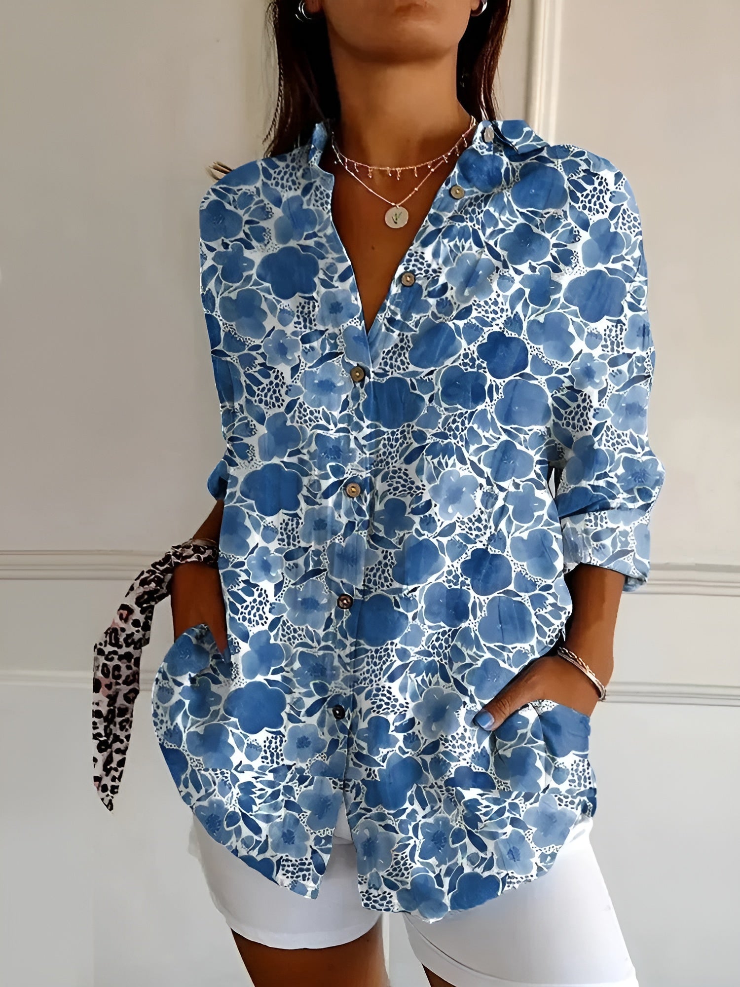 Chemise fluide à imprimé corail marin manches 3/4 pour femme