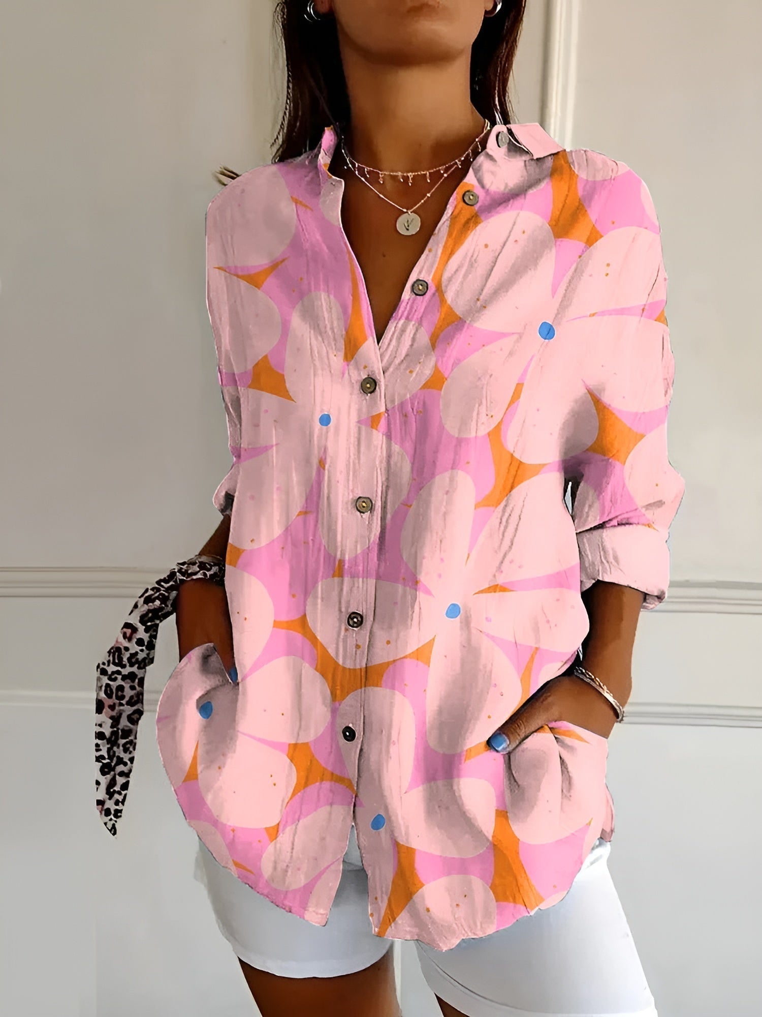 Chemise fluide à imprimé corail marin manches 3/4 pour femme
