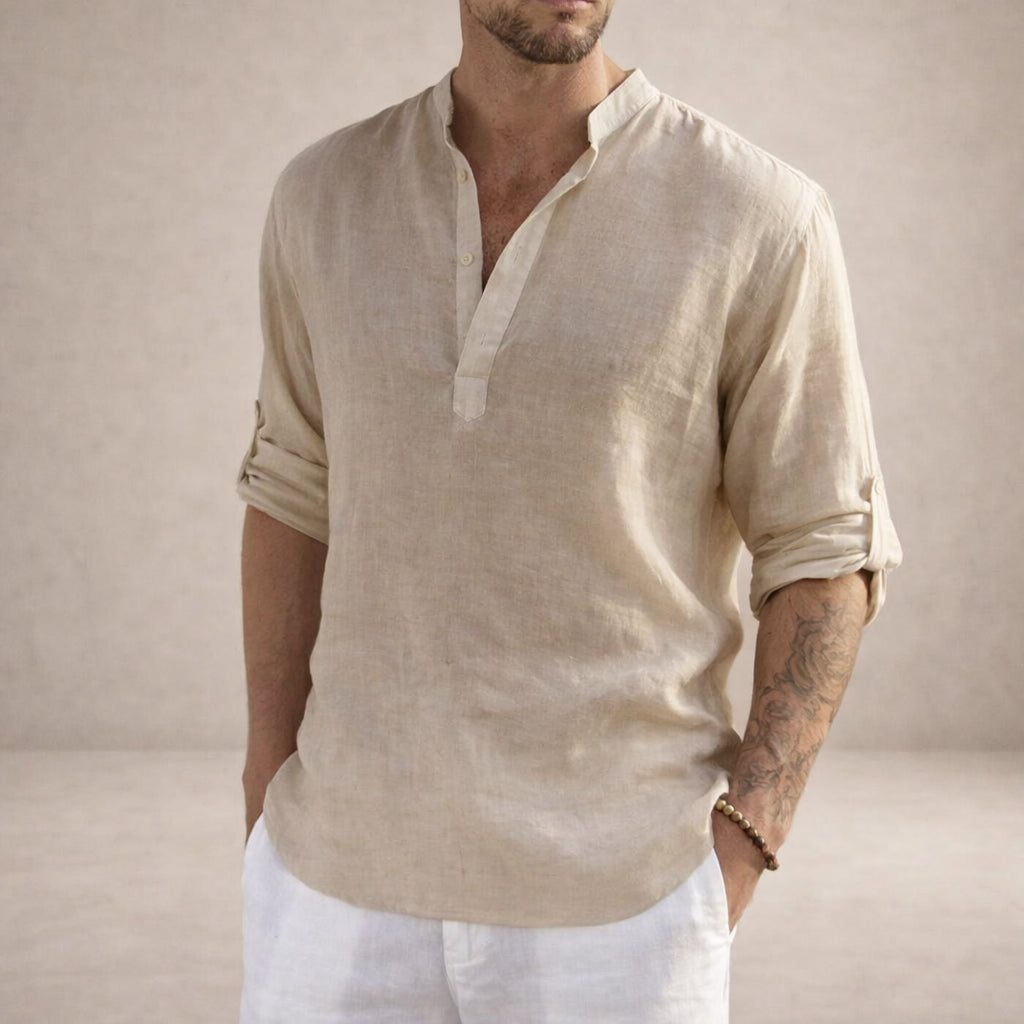 Chemise lin col mao manches longues pour homme