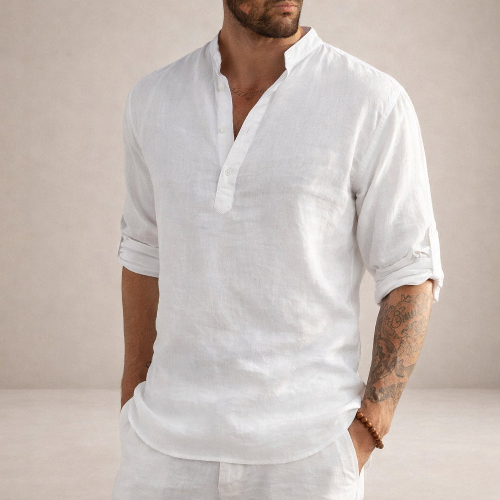 Chemise lin col mao manches longues pour homme