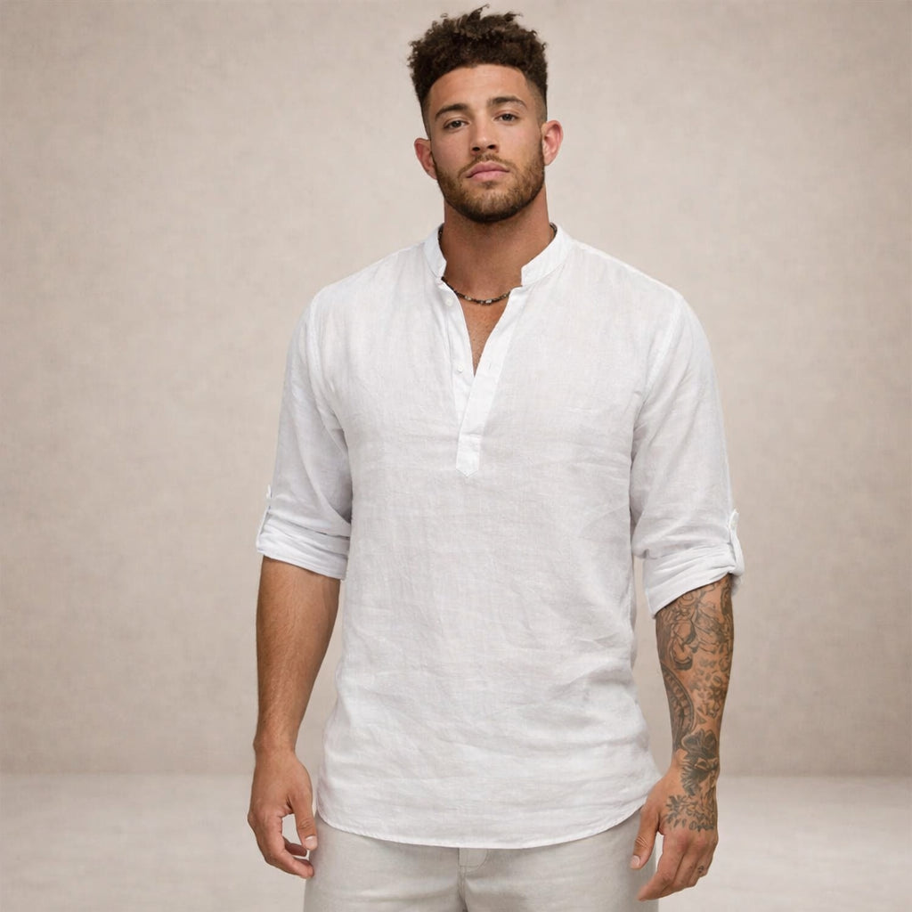 Chemise lin col mao manches longues pour homme