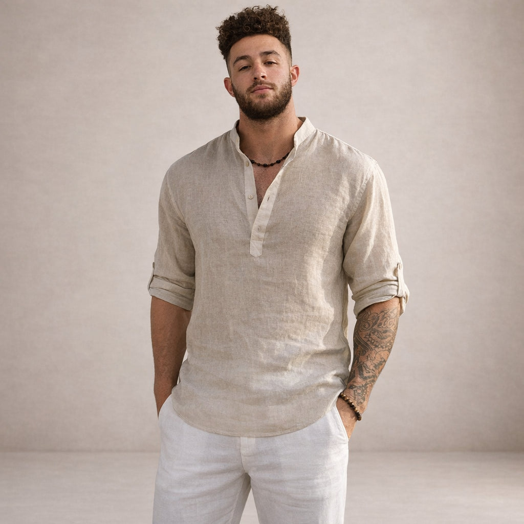 Chemise lin col mao manches longues pour homme