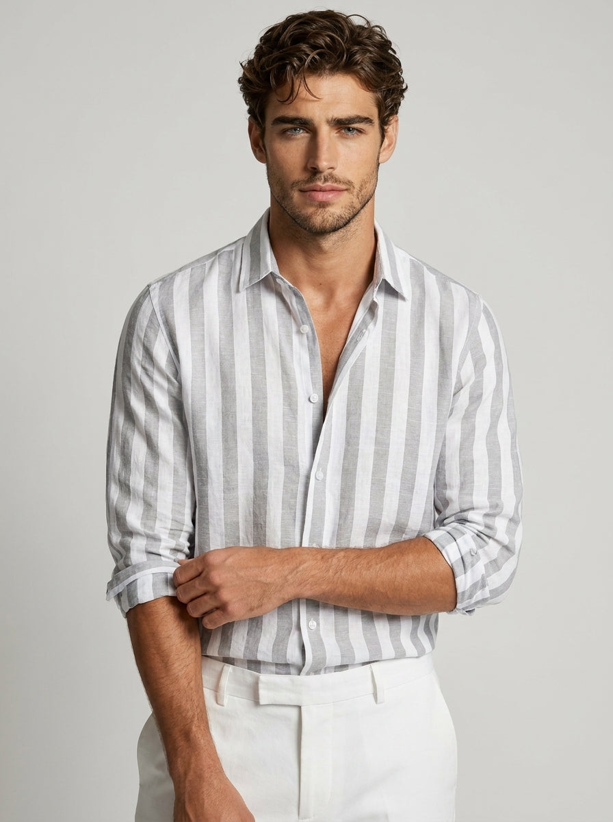 Chemise rayée à manches longues gris clair pour homme