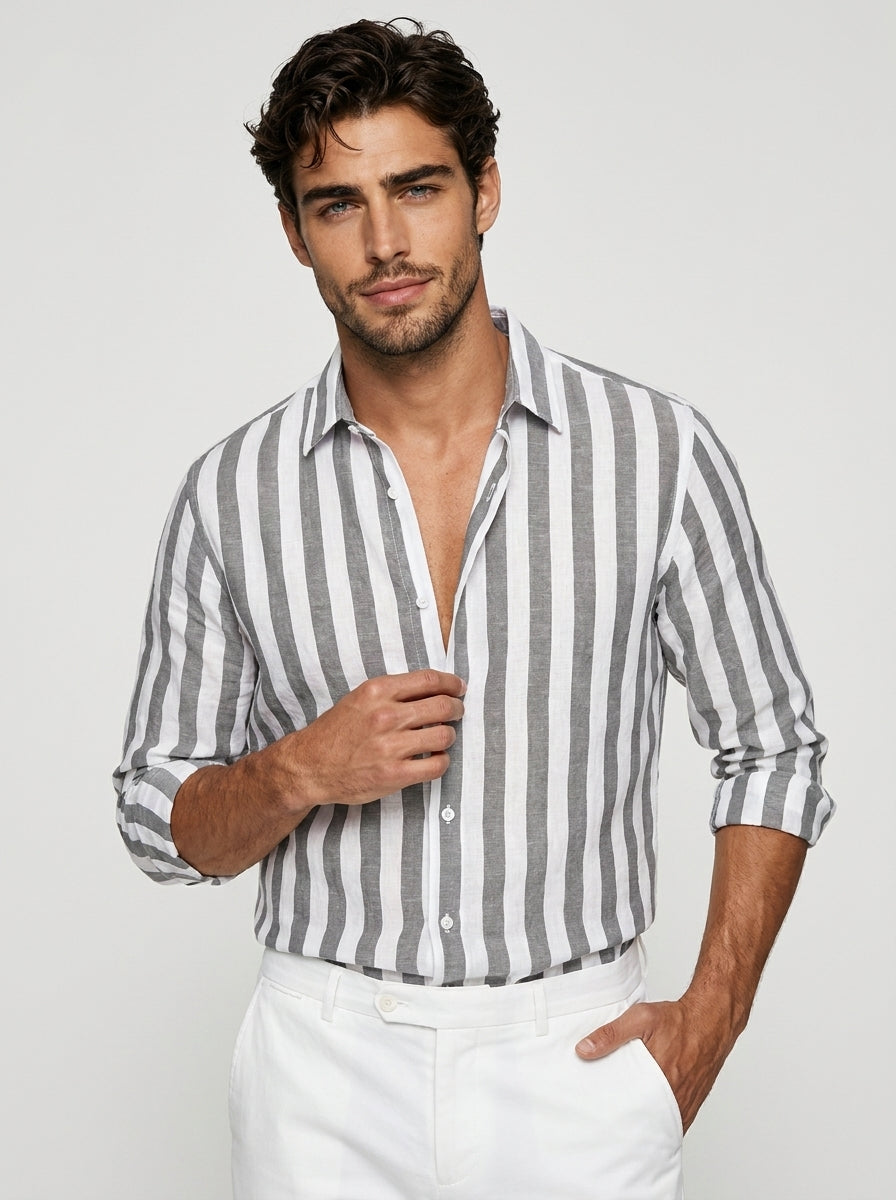 Chemise rayée à manches longues gris foncé pour homme