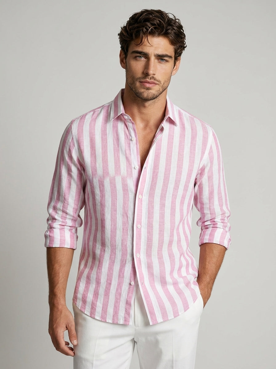 Chemise rayée à manches longues rose clair pour homme