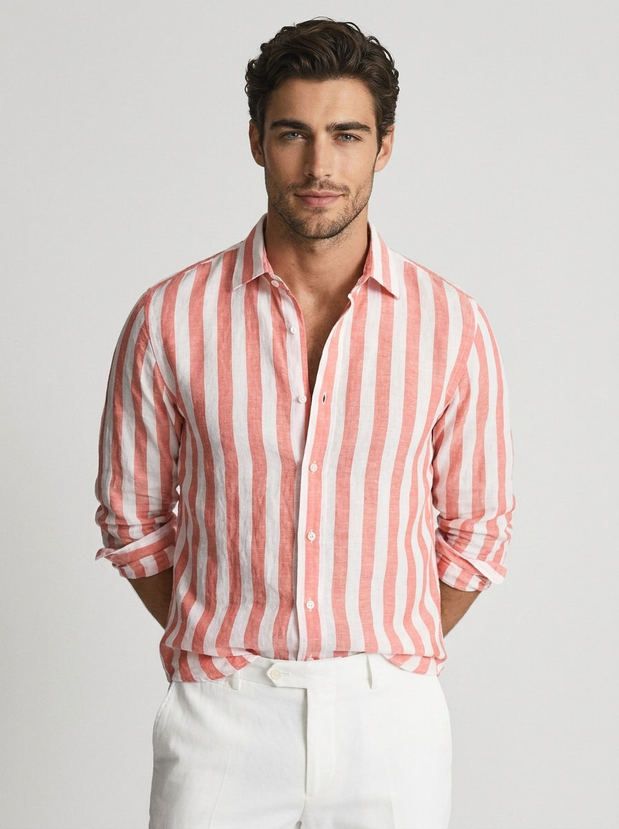 Chemise rayée à manches longues rouge pour homme