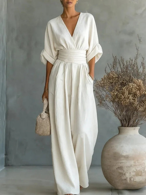 Combinaison cache-cœur ceinturée jambes larges blanc pour femme
