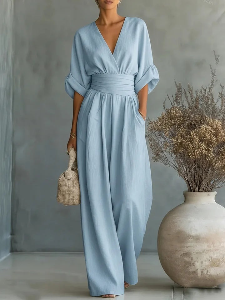 Combinaison cache-cœur ceinturée jambes larges bleu pour femme