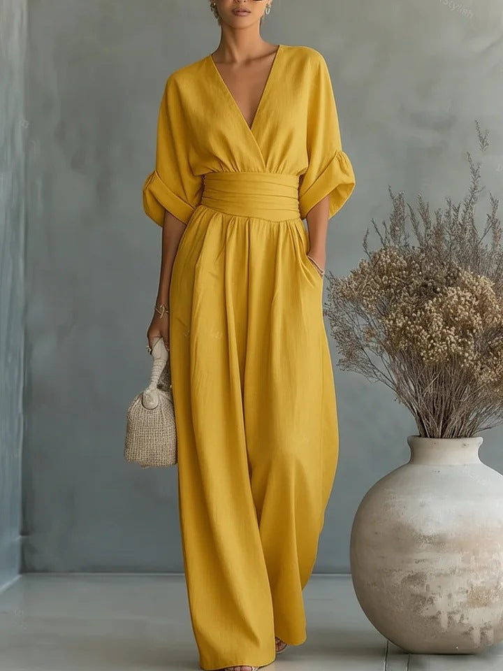 Combinaison cache-cœur ceinturée jambes larges jaune pour femme