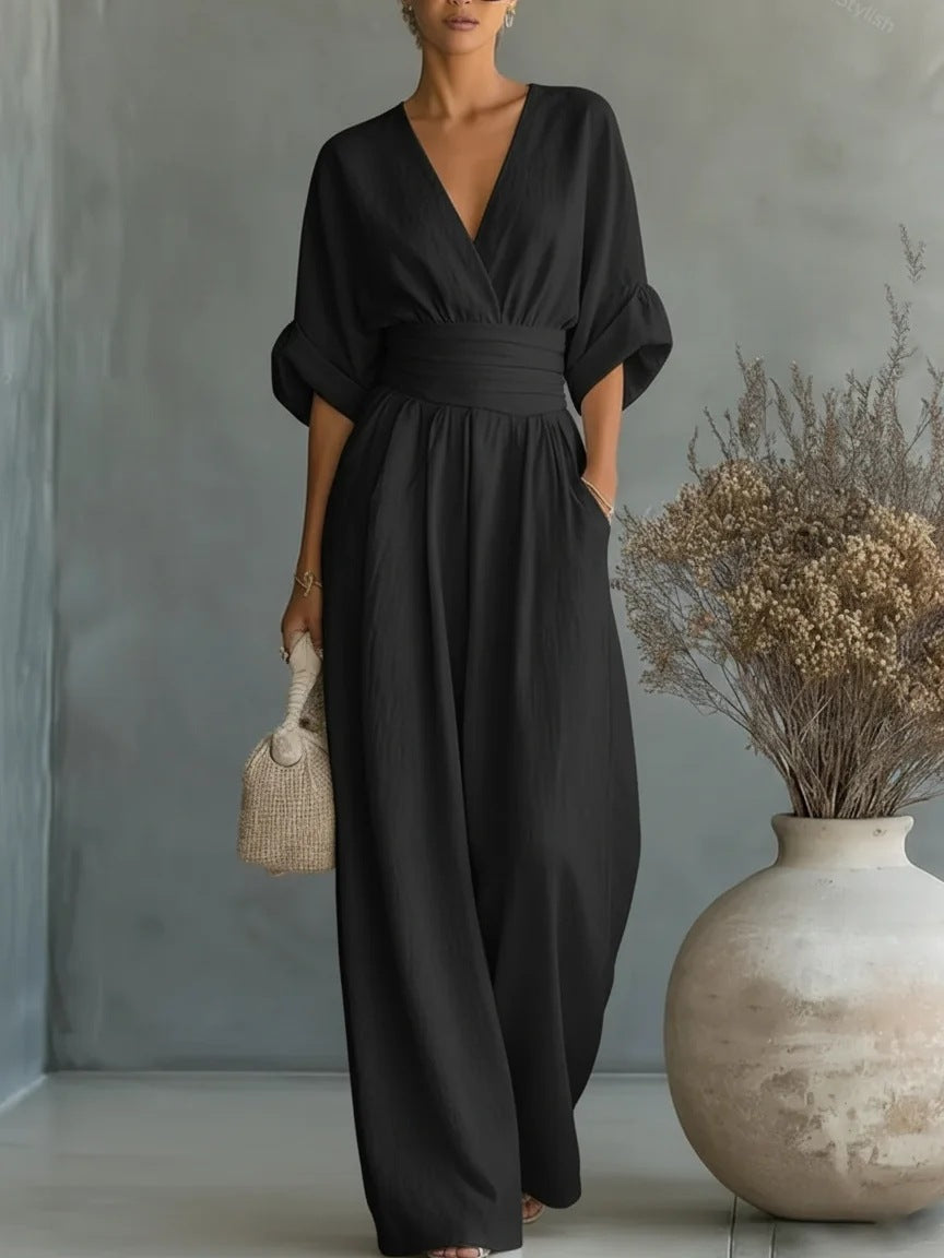 Combinaison cache-cœur ceinturée jambes larges noir pour femme