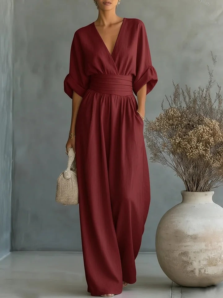 Combinaison cache-cœur ceinturée jambes larges rouge pour femme