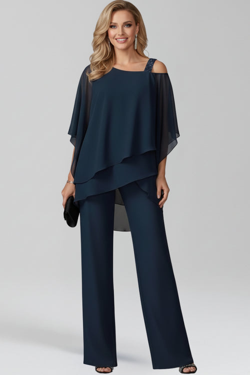 Combinaison pantalon large avec superposition fluide bleu foncé pour femme