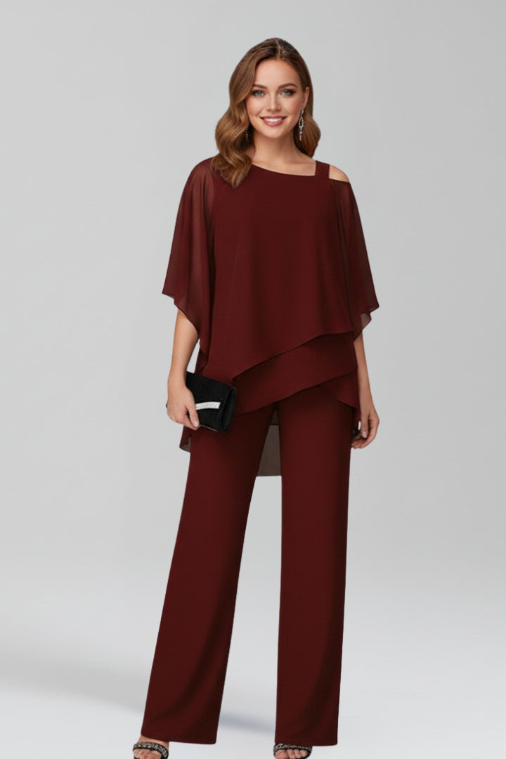 Combinaison pantalon large avec superposition fluide bordeaux pour femme
