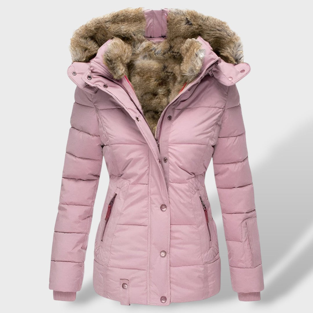 Doudoune courte matelassée avec capuche bordée fourrure rose pour femme