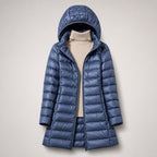 Doudoune longue matelassée à capuche bleu pour femme