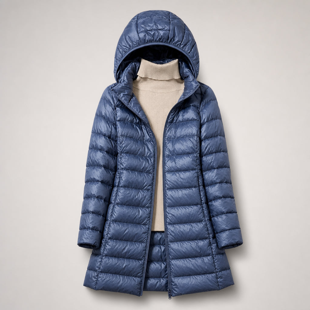Doudoune longue matelassée à capuche bleu pour femme