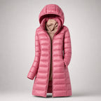 Doudoune longue matelassée à capuche rose pour femme