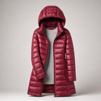 Doudoune longue matelassée à capuche rouge pour femme