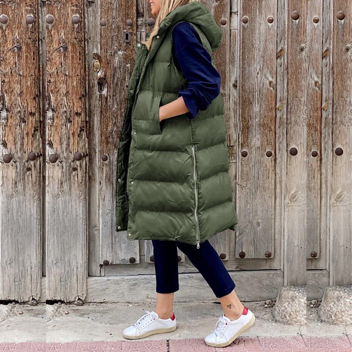 Doudoune longue sans manches capuche matelassée vert militaire pour femme
