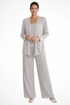 Tailleur 3 pièces veste top pantalon large sequins pour femme