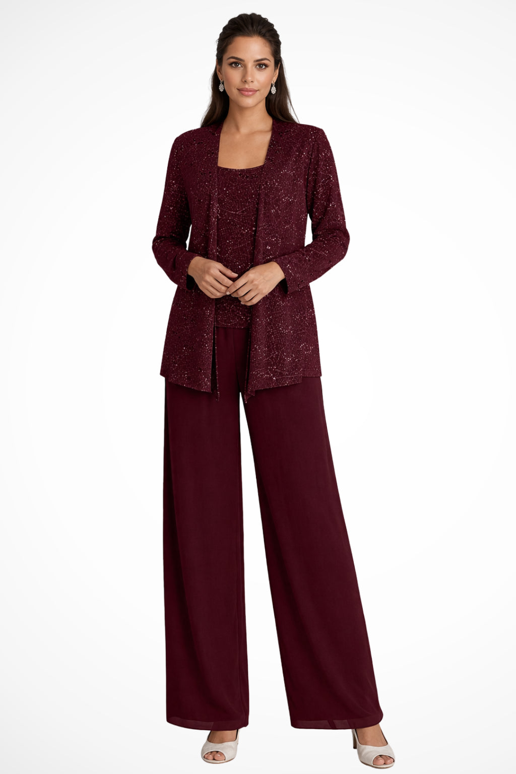 Tailleur 3 pièces veste top pantalon large sequins pour femme