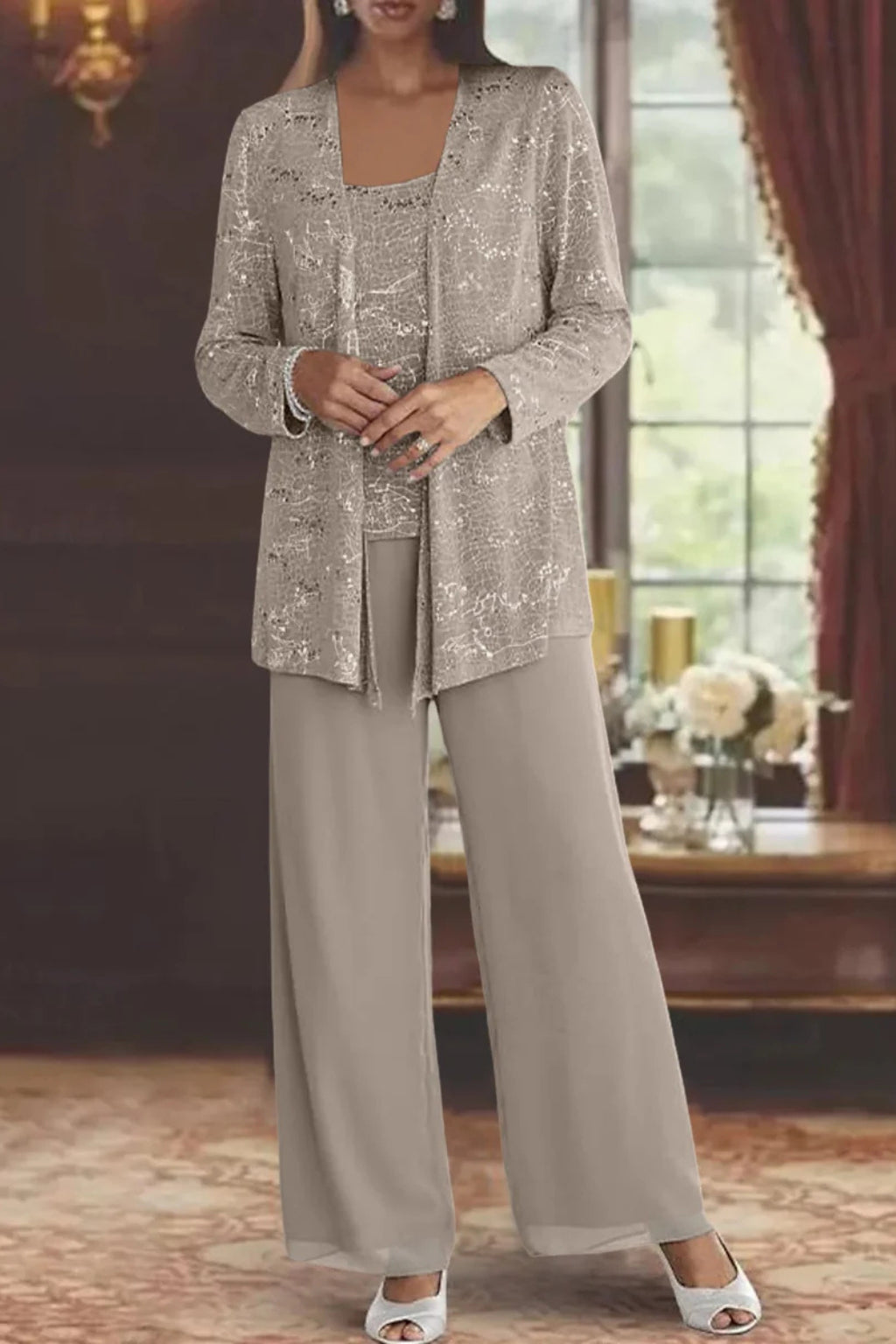 Tailleur 3 pièces veste top pantalon large sequins pour femme