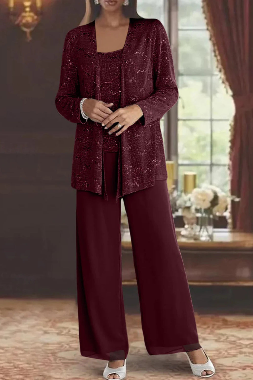 Tailleur 3 pièces veste top pantalon large sequins pour femme