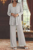 Tailleur 3 pièces veste top pantalon large sequins pour femme