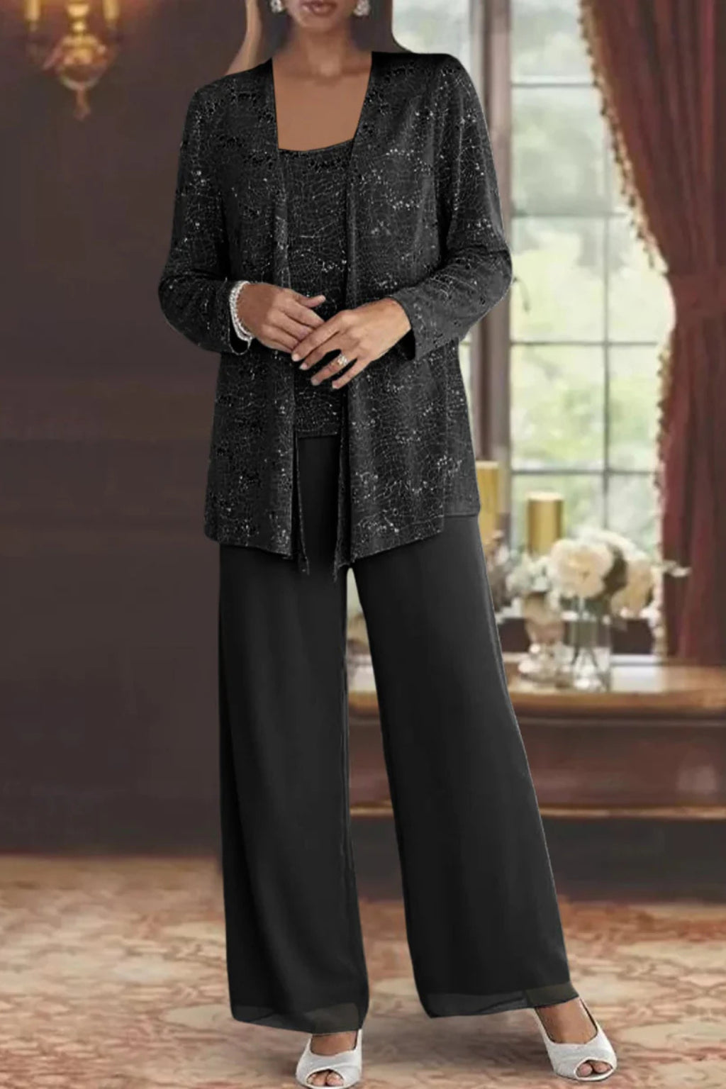 Tailleur 3 pièces veste top pantalon large sequins pour femme