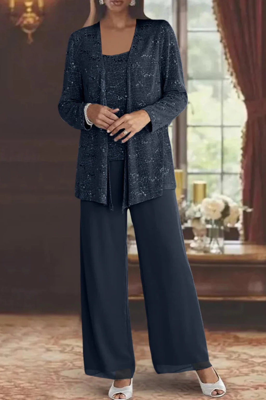 Tailleur 3 pièces veste top pantalon large sequins pour femme