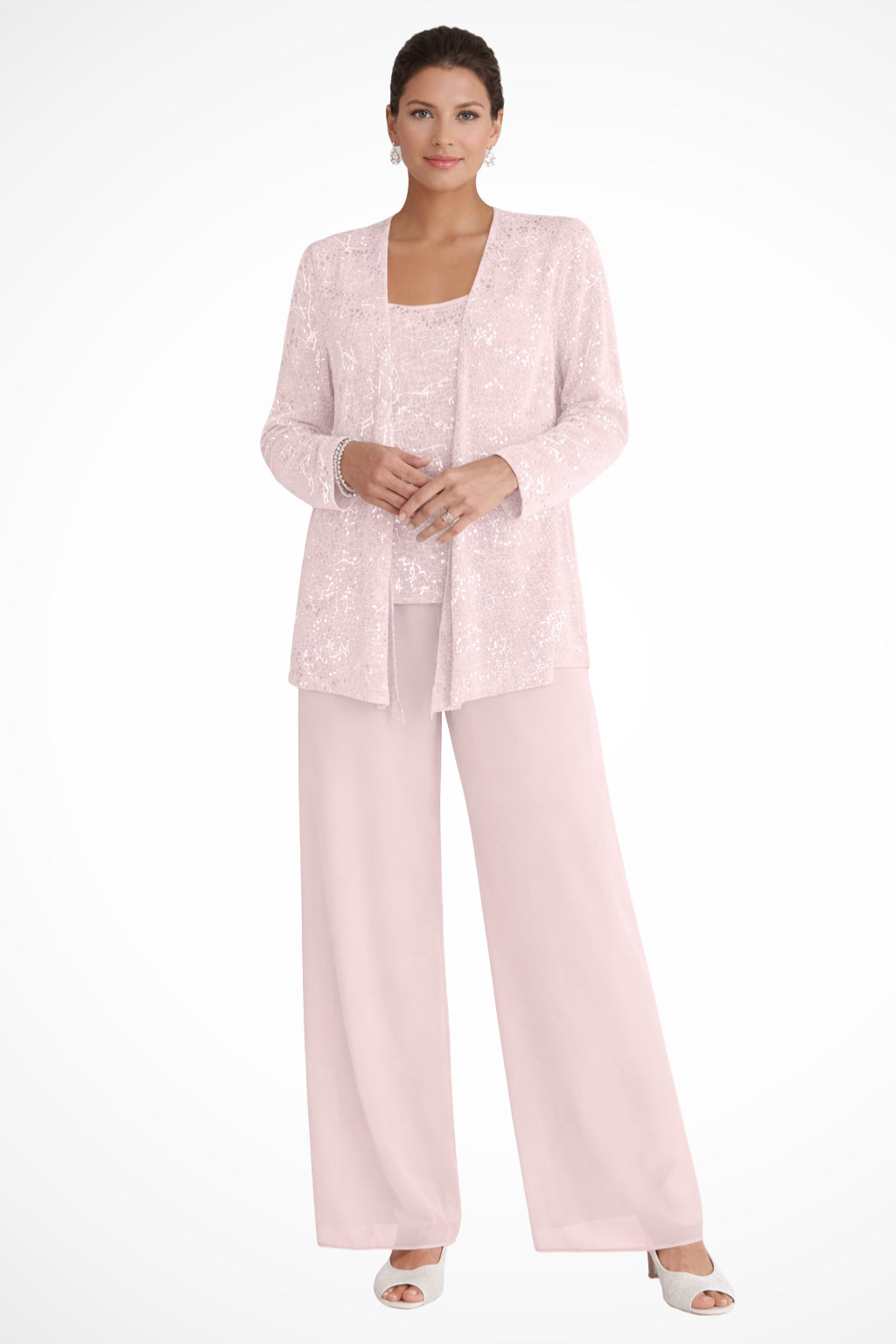 Tailleur 3 pièces veste top pantalon large sequins pour femme