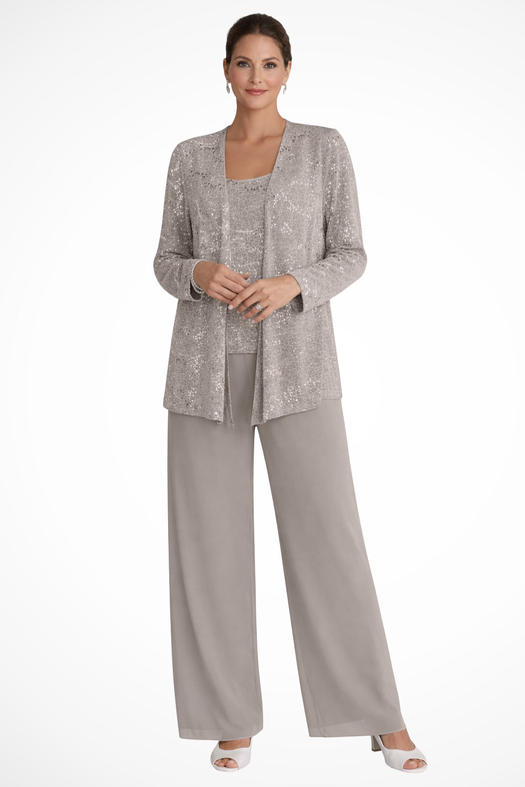 Tailleur 3 pièces veste top pantalon large sequins pour femme