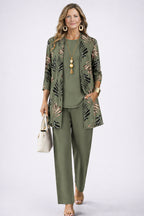 Ensemble trois pièces cardigan imprimé et pantalon vert pour femme