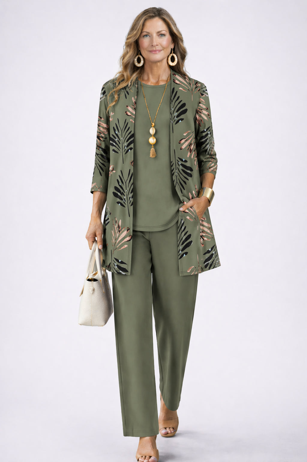 Ensemble trois pièces cardigan imprimé et pantalon vert pour femme