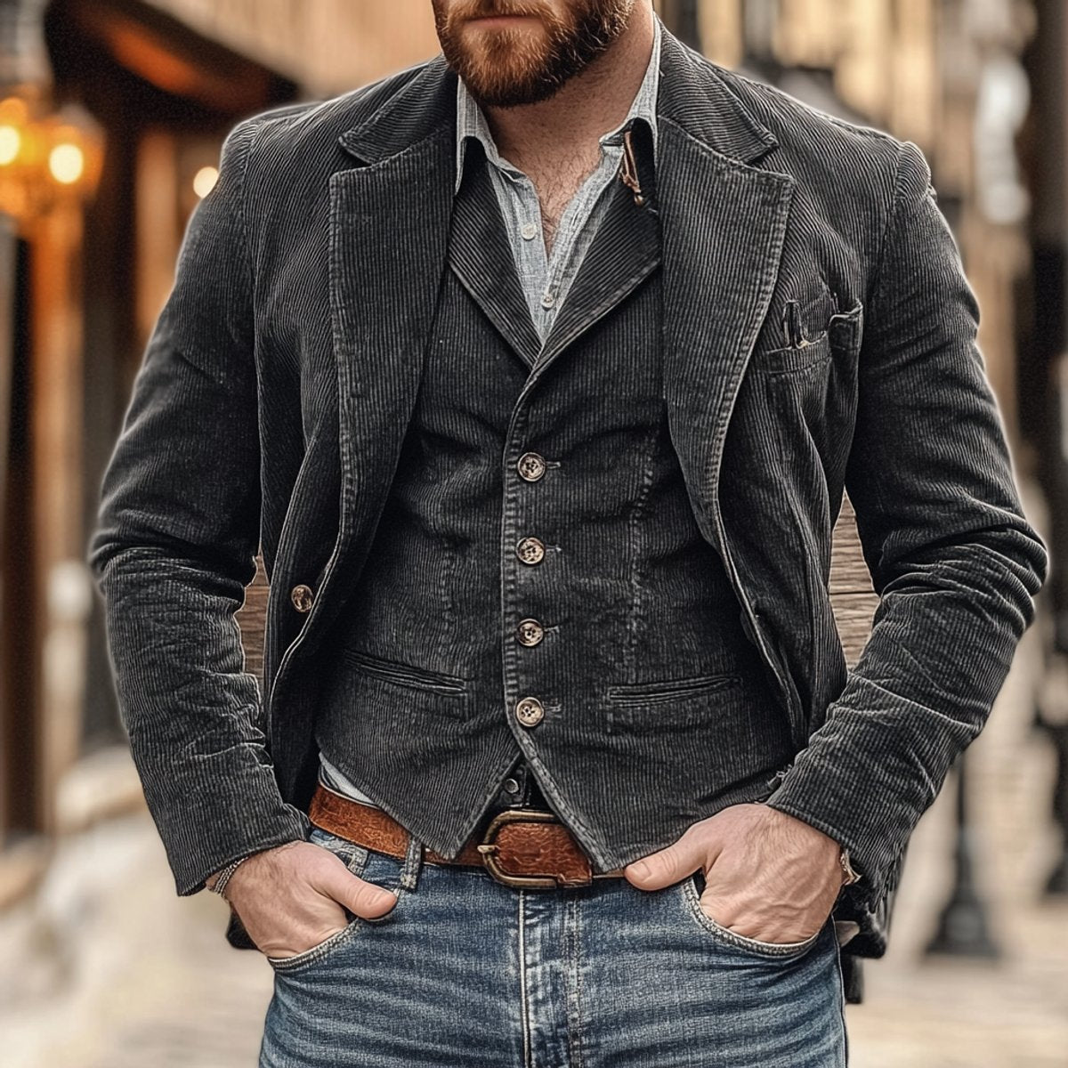 Ensemble blazer et gilet texturé noir pour homme
