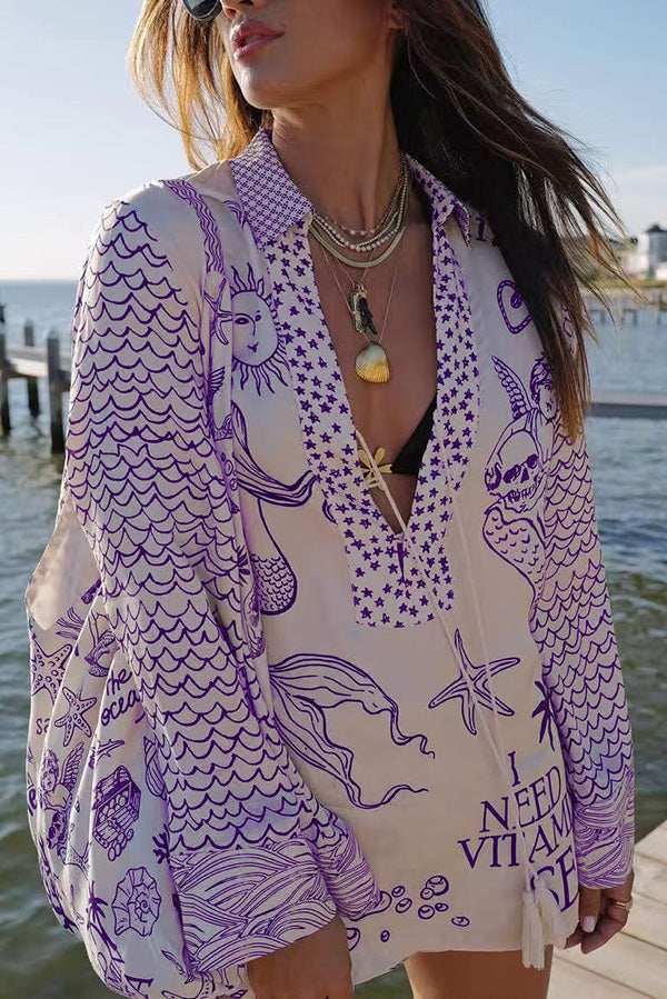 Ensemble chemise imprimé graphique et short violet pour femme