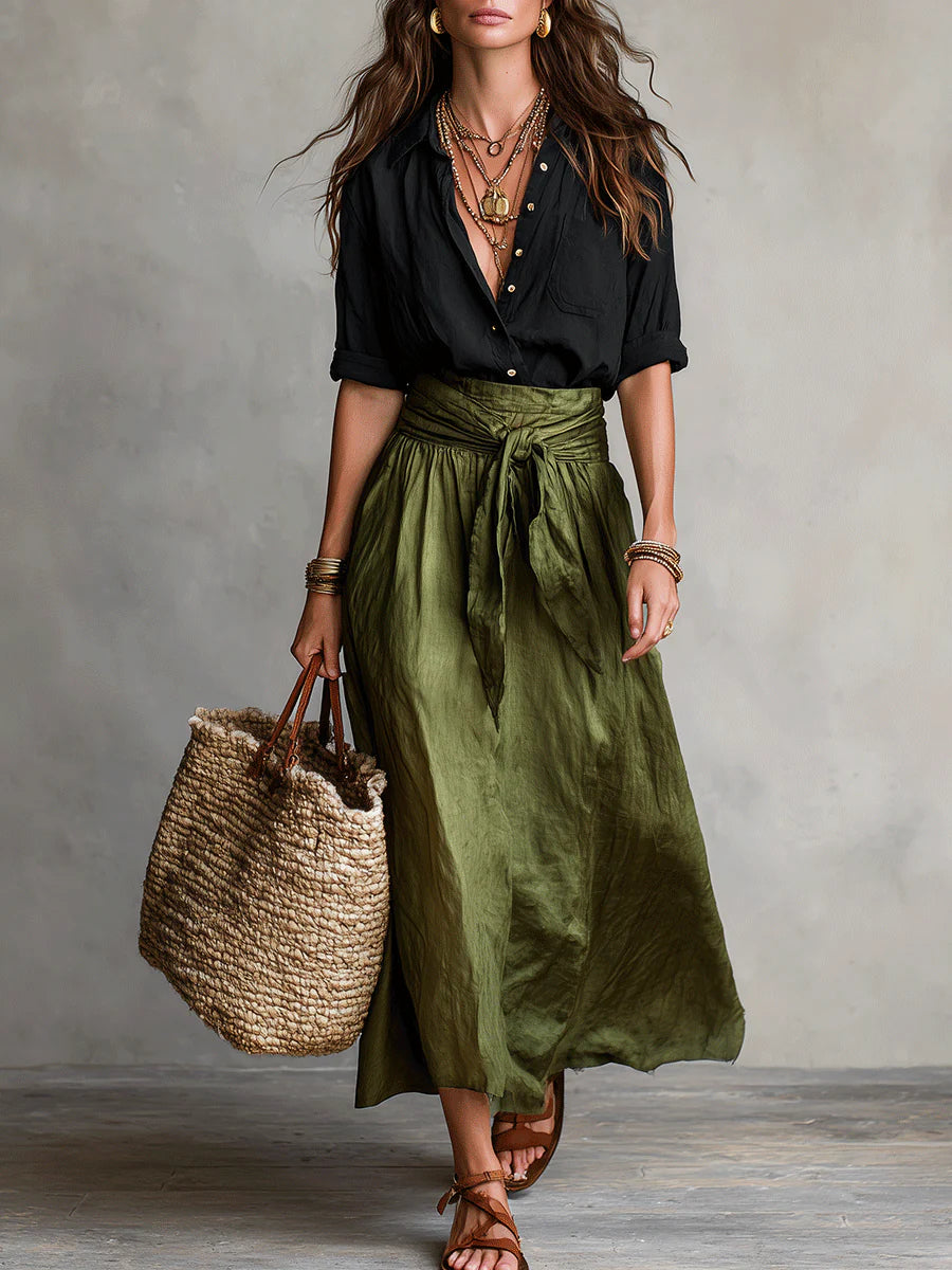 Ensemble chemise noire et jupe midi verte ceinturée pour femme