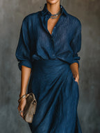 Ensemble chemise plissée et jupe longue drapée pour femme